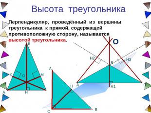 Высота треугольника Перпендикуляр, проведённый из вершины треугольника к прямой,