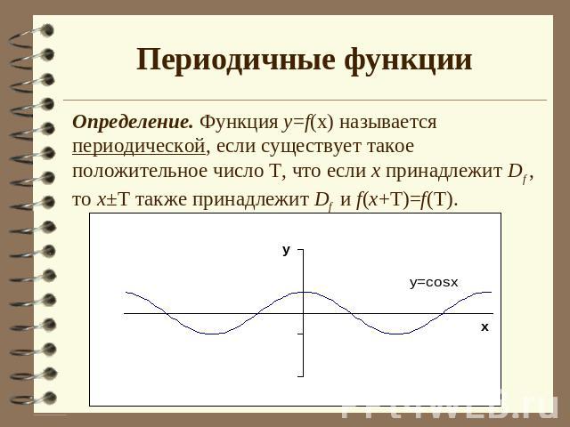 Периодичные функции Определение. Функция y=f(x) называется периодической, если существует такое положительное число Т, что если х принадлежит Df , то х±Т также принадлежит Df и f(x+T)=f(T).