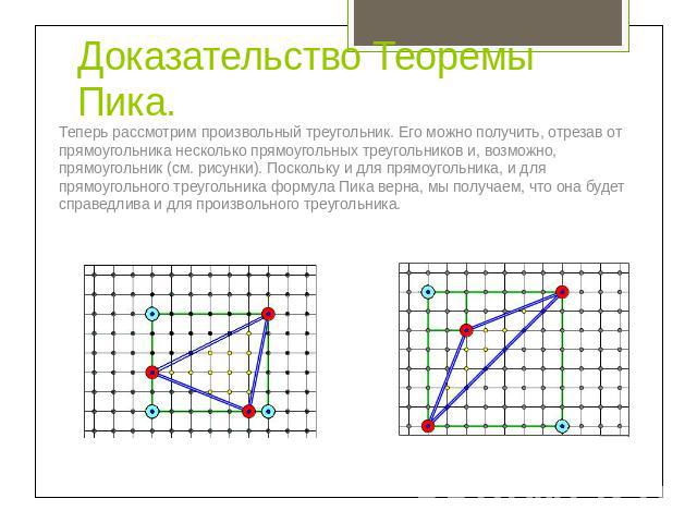 Доказательство Теоремы Пика. Теперь рассмотрим произвольный треугольник. Его можно получить, отрезав от прямоугольника несколько прямоугольных треугольников и, возможно, прямоугольник (см. рисунки). Поскольку и для прямоугольника, и для прямоугольно…