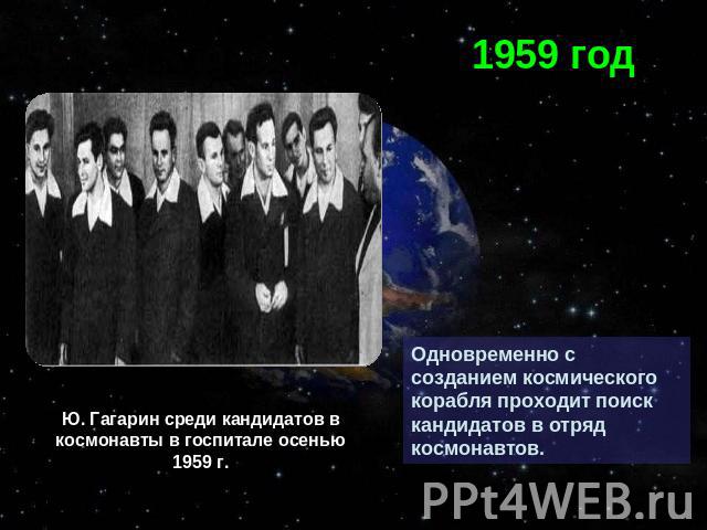 1959 годОдновременно с созданием космического корабля проходит поиск кандидатов в отряд космонавтов. Ю. Гагарин среди кандидатов в космонавты в госпитале осенью 1959 г.
