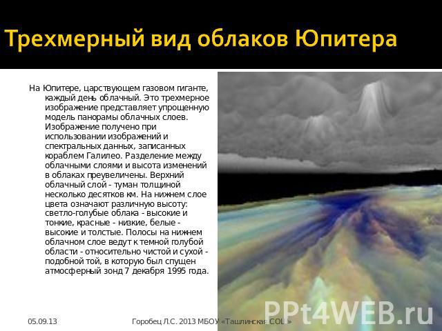 Трехмерный вид облаков Юпитера На Юпитере, царствующем газовом гиганте, каждый день облачный. Это трехмерное изображение представляет упрощенную модель панорамы облачных слоев. Изображение получено при использовании изображений и спектральных данных…