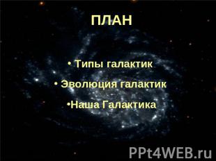 ПЛАН Типы галактик Эволюция галактикНаша Галактика