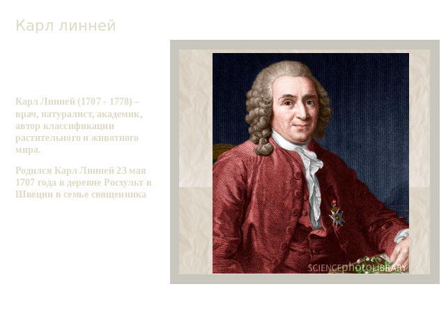 Карл линней Карл Линней (1707 - 1778) – врач, натуралист, академик, автор классификации растительного и животного мира. Родился Карл Линней 23 мая 1707 года в деревне Росхульт в Швеции в семье священника