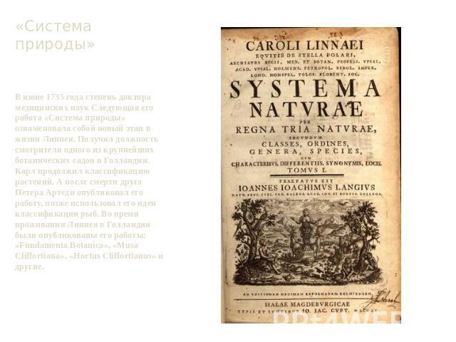 «Система природы» В июне 1735 года степень доктора медицинских наук Следующая его работа «Система природы» ознаменовала собой новый этап в жизни Линнея. Получил должность смотрителя одного из крупнейших ботанических садов в Голландии. Карл продолжил…