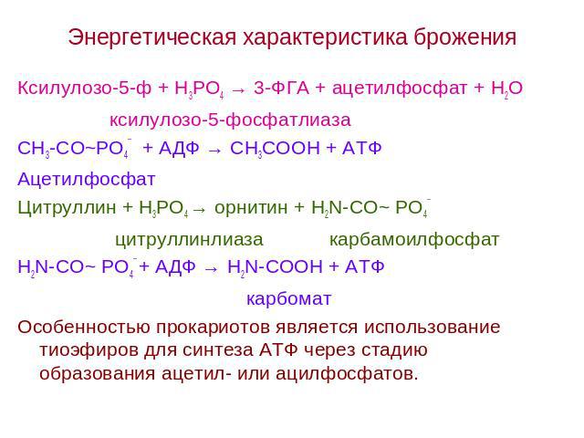 Энергетическая характеристика брожения Ксилулозо-5-ф + Н3РО4 → 3-ФГА + ацетилфосфат + Н2О ксилулозо-5-фосфатлиазаСН3-СО~РО4¯ + АДФ → СН3СООН + АТФАцетилфосфат Цитруллин + Н3РО4 → орнитин + Н2N-CO~ РО4¯ цитруллинлиаза карбамоилфосфатН2N-CO~ РО4¯ + АД…