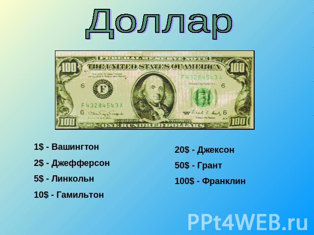Доллар1$ - Вашингтон2$ - Джефферсон5$ - Линкольн10$ - Гамильтон20$ - Джексон50$ - Грант100$ - Франклин