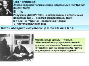 1900 г. ГИПОТЕЗА:Атомы испускают эл/м энергию отдельными ПОРЦИЯМИ (КВАНТАМИ):Е =