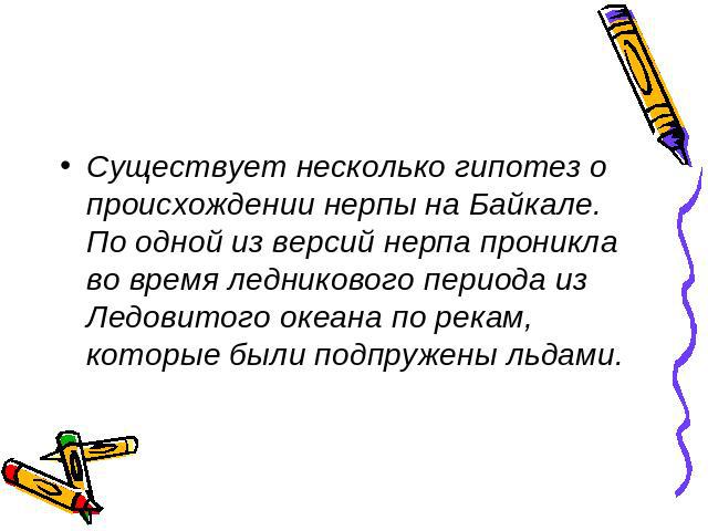 Существует несколько гипотез о происхождении нерпы на Байкале. По одной из версий нерпа проникла во время ледникового периода из Ледовитого океана по рекам, которые были подпружены льдами.