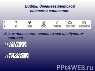 Цифры древнеегипетской системы счисления:Какие числа соответствуют следующим зап