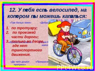 12. У тебя есть велосипед, на котором ты можешь кататься: по тротуару; по проезж