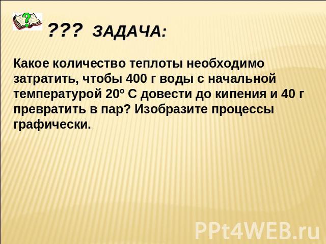 ??? ЗАДАЧА: Какое количество теплоты необходимо затратить, чтобы 400 г воды с начальной температурой 20º С довести до кипения и 40 г превратить в пар? Изобразите процессы графически.