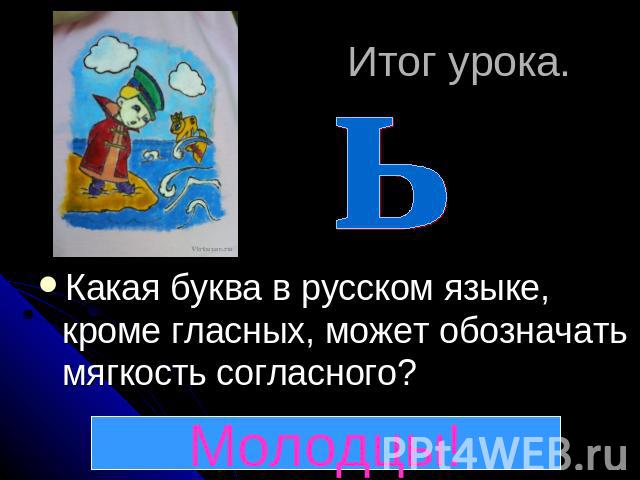 Итог урока. Какая буква в русском языке, кроме гласных, может обозначать мягкость согласного?Молодцы!