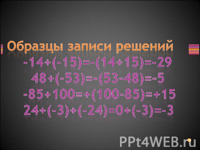 Образцы записи решений -14+(-15)=-(14+15)=-29 48+(-53)=-(53-48)=-5 -85+100=+(100-85)=+15 24+(-3)+(-24)=0+(-3)=-3