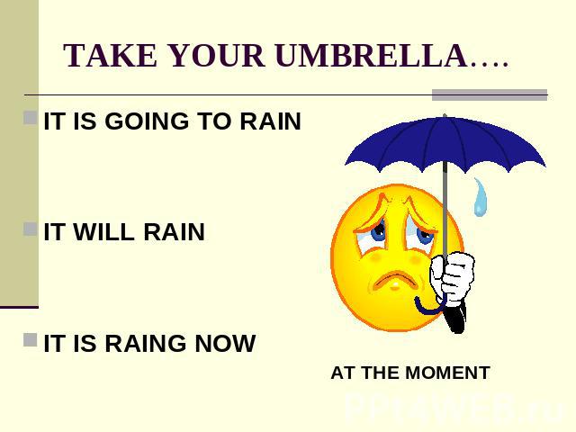 TAKE YOUR UMBRELLA…. IT IS GOING TO RAINIT WILL RAINIT IS RAING NOW