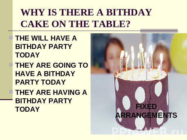 WHY IS THERE A BITHDAY CAKE ON THE TABLE? THE WILL HAVE A BITHDAY PARTY TODAYTHEY ARE GOING TO HAVE A BITHDAY PARTY TODAYTHEY ARE HAVING A BITHDAY PARTY TODAYFIXED ARRANGEMENTS