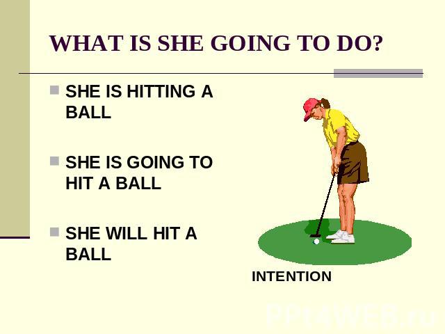 WHAT IS SHE GOING TO DO? SHE IS HITTING A BALLSHE IS GOING TO HIT A BALLSHE WILL HIT A BALL