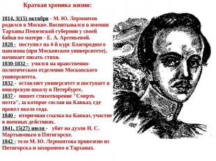 Краткая хроника жизни:1814, 3(15) октября - М. Ю. Лермонтов родился в Москве. Во