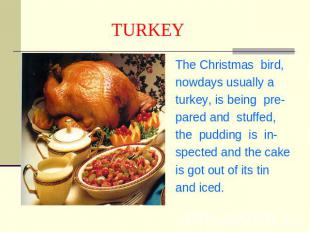 TURKEY The Christmas bird,nowdays usually aturkey, is being pre-pared and stuffe