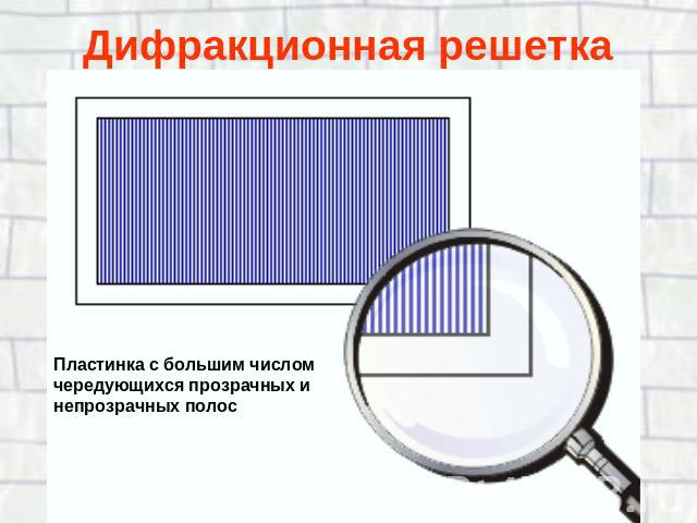 Дифракционная решетка Пластинка с большим числом чередующихся прозрачных и непрозрачных полос