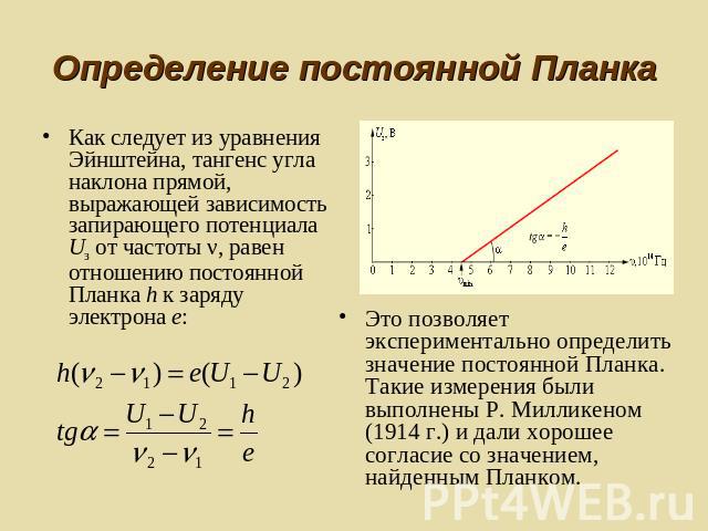 Определение постоянной Планка Как следует из уравнения Эйнштейна, тангенс угла наклона прямой, выражающей зависимость запирающего потенциала Uз от частоты ν, равен отношению постоянной Планка h к заряду электрона e: Это позволяет экспериментально оп…