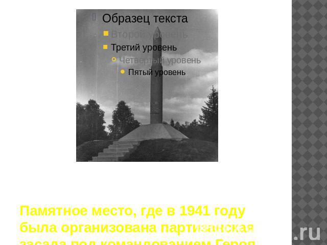 Памятное место, где в 1941 году была организована партизанская засада под командованием Героя Советского Союза В.С. Рябкау шлакбаума на развилке дороги Старь-Ивот