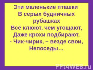 Эти маленькие пташки&nbsp;В серых будничных рубашкахВсё клюют, чем угощают,Даже