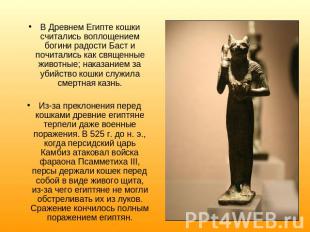 В Древнем Египте кошки считались воплощением богини радости Баст и почитались ка