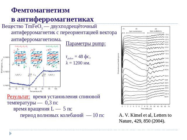 Фемтомагнетизм в антиферромагнетикахВещество TmFeO3 — двухподрещёточный антиферромагнетик с переориентацией вектора антиферромагнетизма. Результат: время установления спиновой температуры — 0,3 пс время вращения L — 5 пс период волновых колебаний — 10 пс