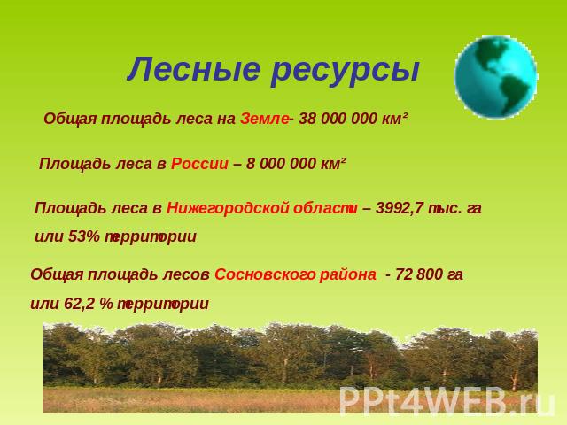 Лесные ресурсыОбщая площадь леса на Земле- 38 000 000 км²Площадь леса в России – 8 000 000 км²Площадь леса в Нижегородской области – 3992,7 тыс. гаили 53% территорииОбщая площадь лесов Сосновского района - 72 800 га или 62,2 % территории