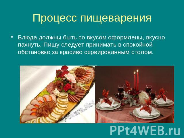 Процесс пищеваренияБлюда должны быть со вкусом оформлены, вкусно пахнуть. Пищу следует принимать в спокойной обстановке за красиво сервированным столом.