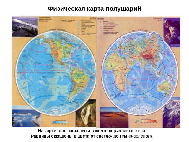 Физическая карта полушарий На карте горы окрашены в желто-коричневые тона. Равнины окрашены в цвета от светло- до темно-зеленого.