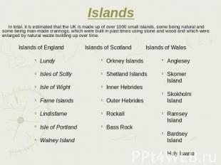 Islands In total, it is estimated that the UK is made up of over 1000 small isla