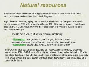 Natural resources Historically, much of the United Kingdom was forested. Since p