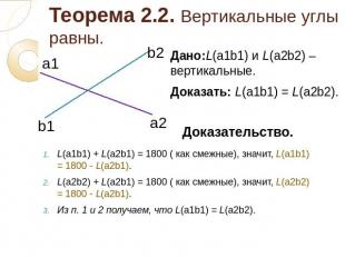 Теорема 2.2. Вертикальные углы равны. L(а1b1) + L(a2b1) = 1800 ( как смежные), з