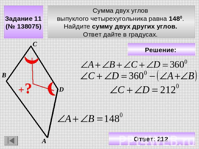 Задание 11 (№ 138075) Сумма двух углов выпуклого четырехугольника равна 1480. Найдите сумму двух других углов. Ответ дайте в градусах. Решение: Ответ: 212