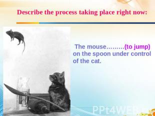 Describe the process taking place right now: The mouse………(to jump) on the spoon
