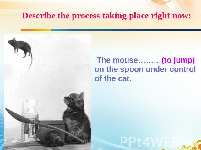 Describe the process taking place right now: The mouse………(to jump) on the spoon under control of the cat.