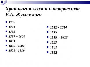 Хронология жизни и творчества В.А. Жуковского 1783 1791 1795 1797 – 1800 1801 18