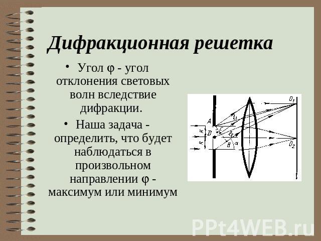 Дифракционная решетка Угол - угол отклонения световых волн вследствие дифракции. Наша задача - определить, что будет наблюдаться в произвольном направлении - максимум или минимум