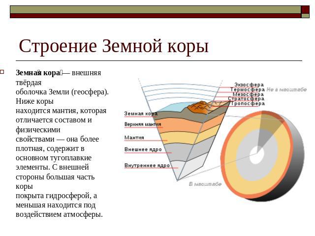 Строение Земной коры Земная кора — внешняя твёрдая оболочка Земли (геосфера). Ниже коры находится мантия, которая отличается составом и физическими свойствами — она более плотная, содержит в основном тугоплавкие элементы. С внешней стороны большая ч…