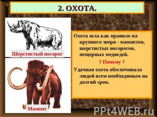 2. ОХОТА. Охота шла как правило на крупного зверя - мамонтов, шерстистых носорог