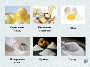 Сливочное масло Молочные продукты Яйца Поваренная соль Крахмал Сахар