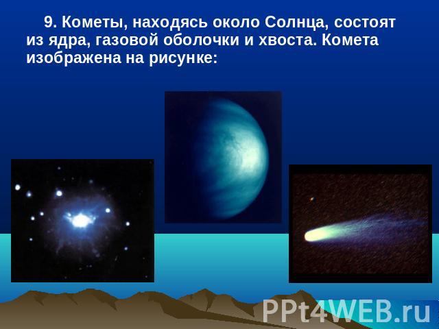 9. Кометы, находясь около Солнца, состоят из ядра, газовой оболочки и хвоста. Комета изображена на рисунке: