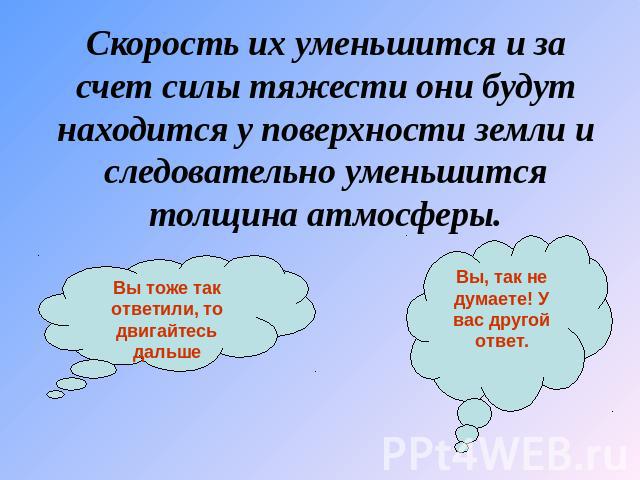 Скорость их уменьшится и за счет силы тяжести они будут находится у поверхности земли и следовательно уменьшится толщина атмосферы. Вы тоже так ответили, то двигайтесь дальше Вы, так не думаете! У вас другой ответ.