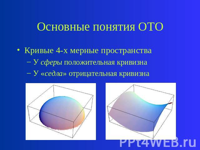 Основные понятия ОТО Кривые 4-х мерные пространства У сферы положительная кривизна У «седла» отрицательная кривизна