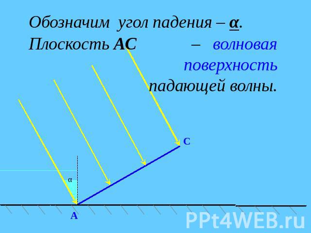Обозначим угол падения – α. Плоскость АС – волновая поверхность падающей волны.
