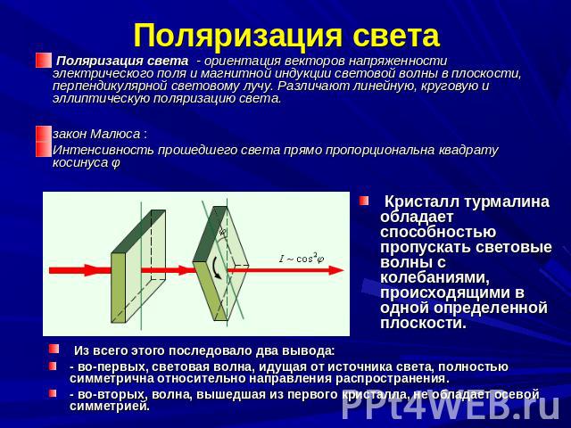 Поляризация света Поляризация света - ориентация векторов напряженности электрического поля и магнитной индукции световой волны в плоскости, перпендикулярной световому лучу. Различают линейную, круговую и эллиптическую поляризацию света. закон Малюс…