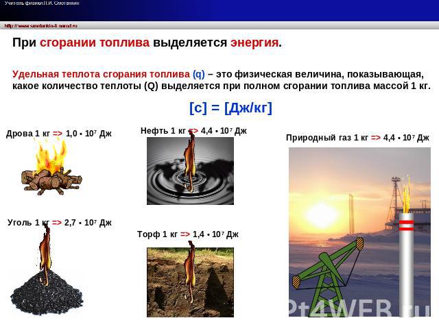 При сгорании топлива выделяется энергия. Удельная теплота сгорания топлива (q) – это физическая величина, показывающая, какое количество теплоты (Q) выделяется при полном сгорании топлива массой 1 кг.