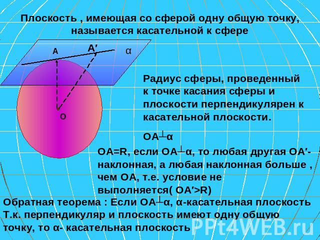 Плоскость , имеющая со сферой одну общую точку, называется касательной к сфере Радиус сферы, проведенный к точке касания сферы и плоскости перпендикулярен к касательной плоскости. ОА┴α ОА=R, если ОА┴α, то любая другая ОА′- наклонная, а любая наклонн…