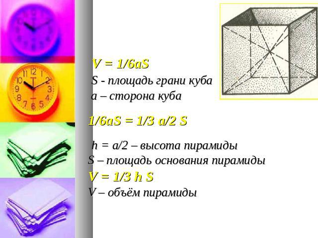 V = 1/6aS S - площадь грани куба а – сторона куба 1/6aS = 1/3 а/2 S h = а/2 – высота пирамиды S – площадь основания пирамиды V = 1/3 h S V – объём пирамиды